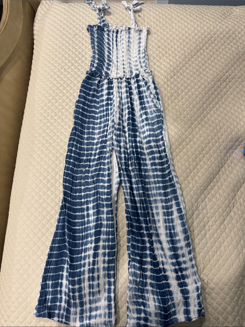 Blue Tie-Dye Smocked Jumpsuit with Wide Legs